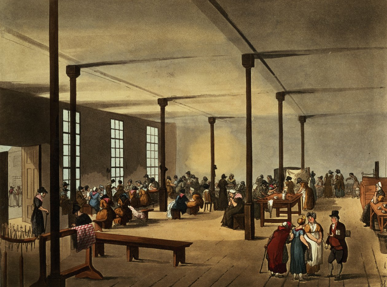 Workhouse, St. James's Parish, fra Ackermanns 'Microcosm of London' av Pugin and Rowlandson