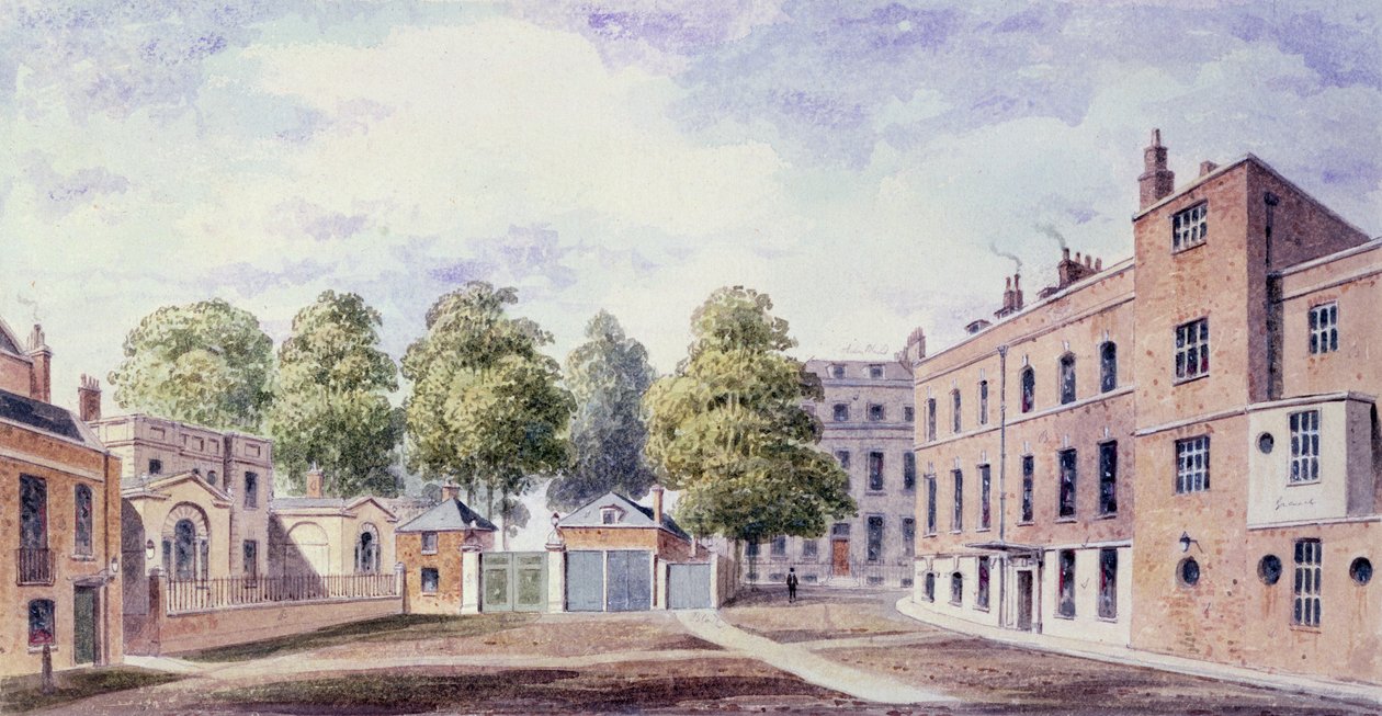 Utsikt over Whitehall Yard, 1828 av T. Chawner