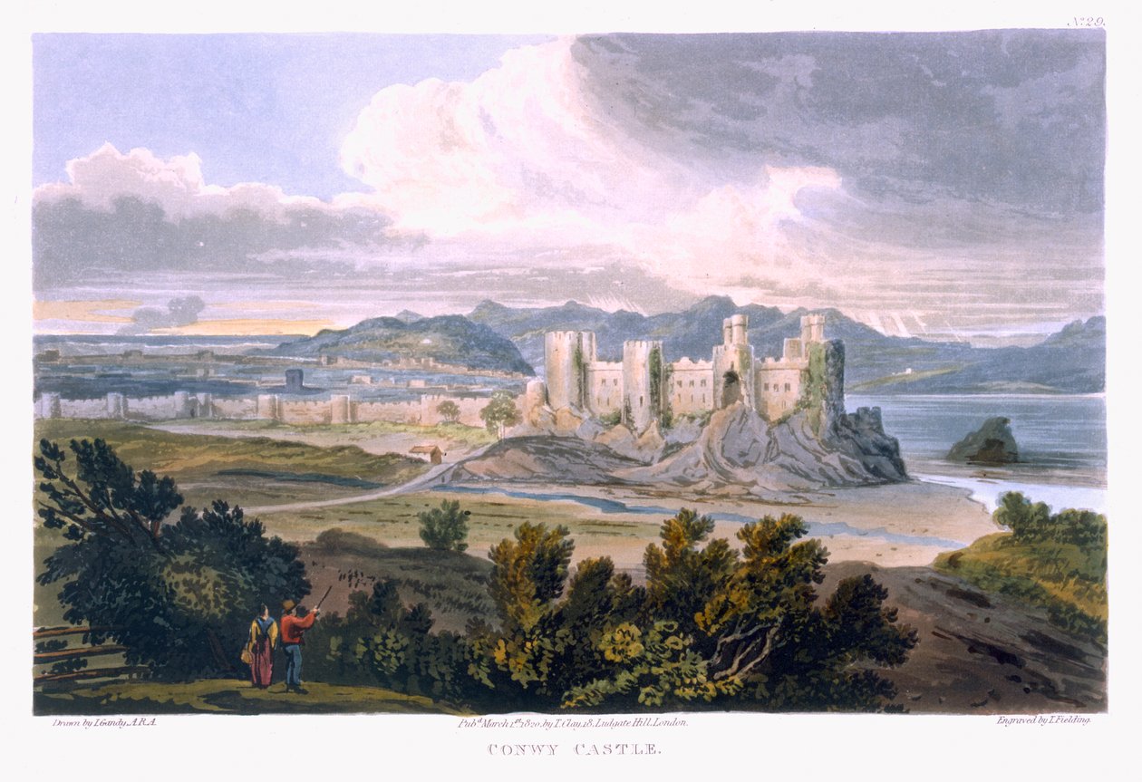 Conwy Castle, 1820 (fargegravering) av T. Gandy
