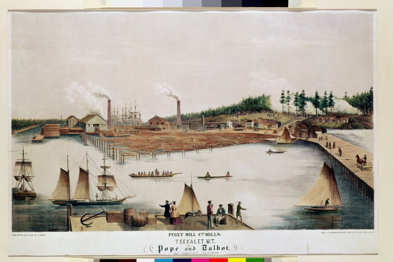 Utsikt over Puget Mill Companys trelastfabrikk i Teekalet, 1856 av T. Grob