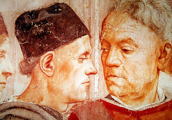 Detalj av dignitærer, fra oppdragelsen av sønnen til Theophilus, og St. Peter tronet som første biskop av Antiokia, ca. 1427 og ca. 1484-85 av Tommaso Masaccio
