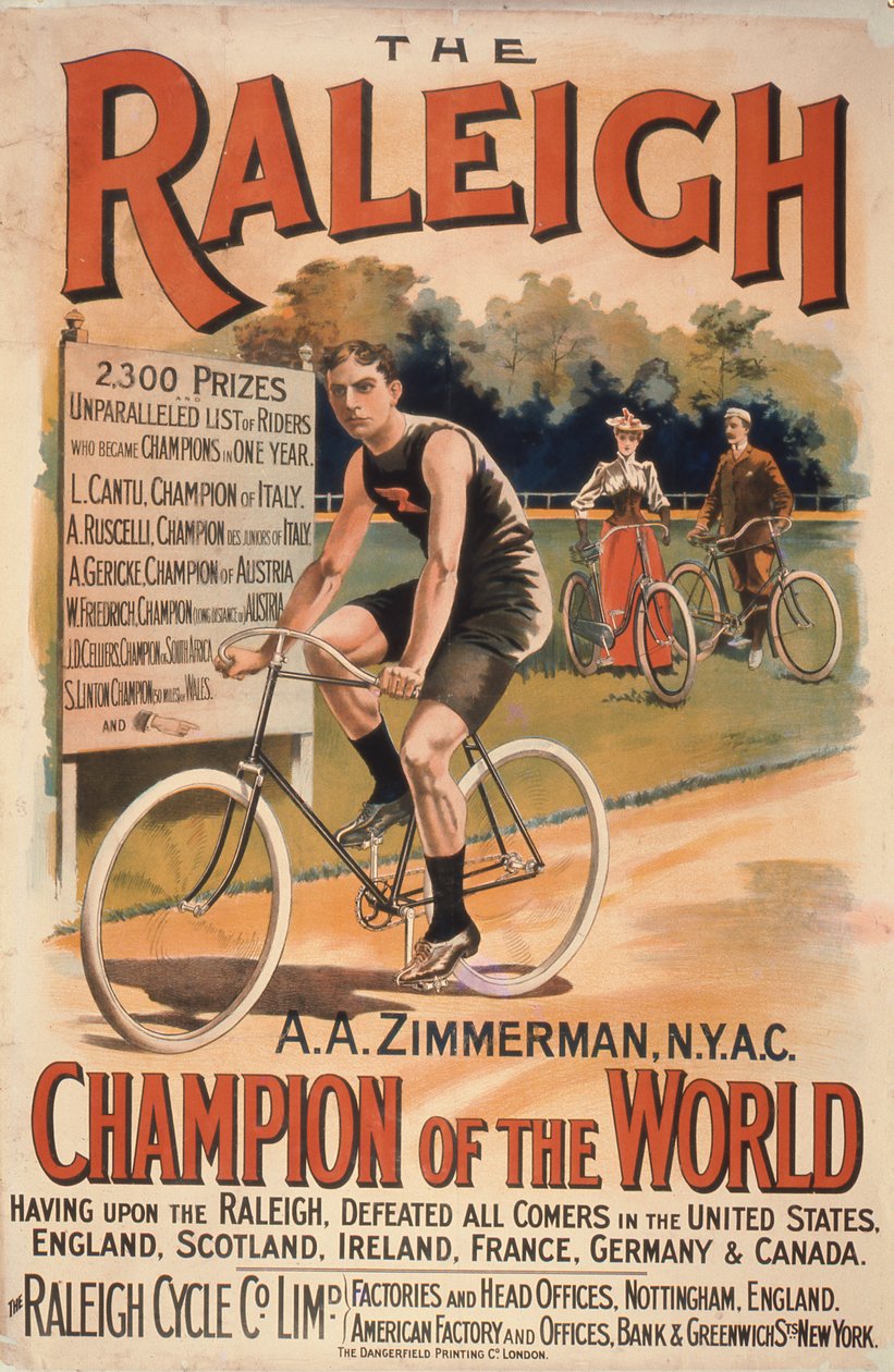 Plakatreklame sykluser Raleigh med et portrett av Arthur Augustus Zimmerman, verdensmester, 1893 av T. Moore