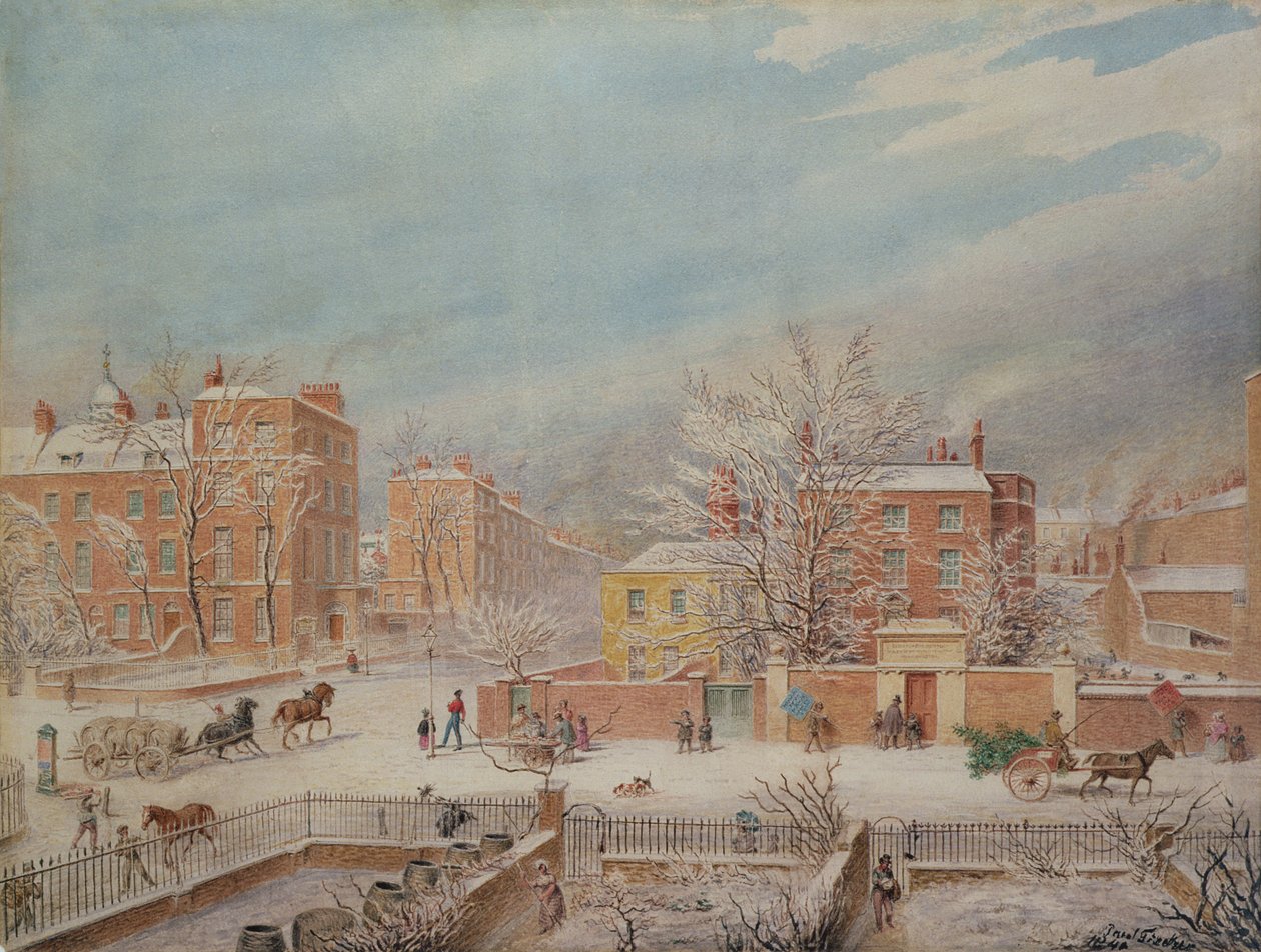 Marylebone Road ved krysset med Lisson Grove og Stingo Lane som viser den filologiske skolen om vinteren, 1849 av T. Paul Fisher