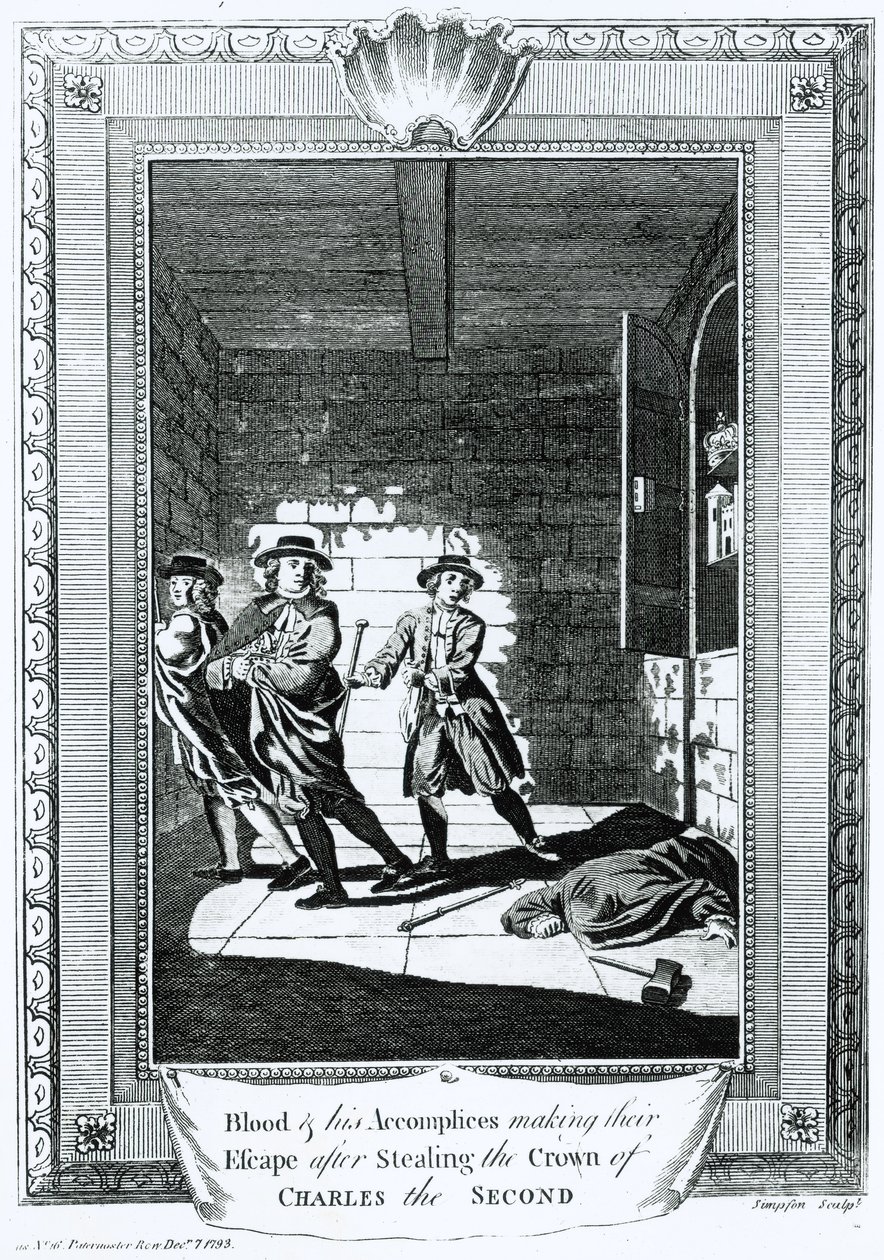 Blod og hans medskyldige rømte etter å ha stjålet kronen til Charles II, 1793 av T. Simpson