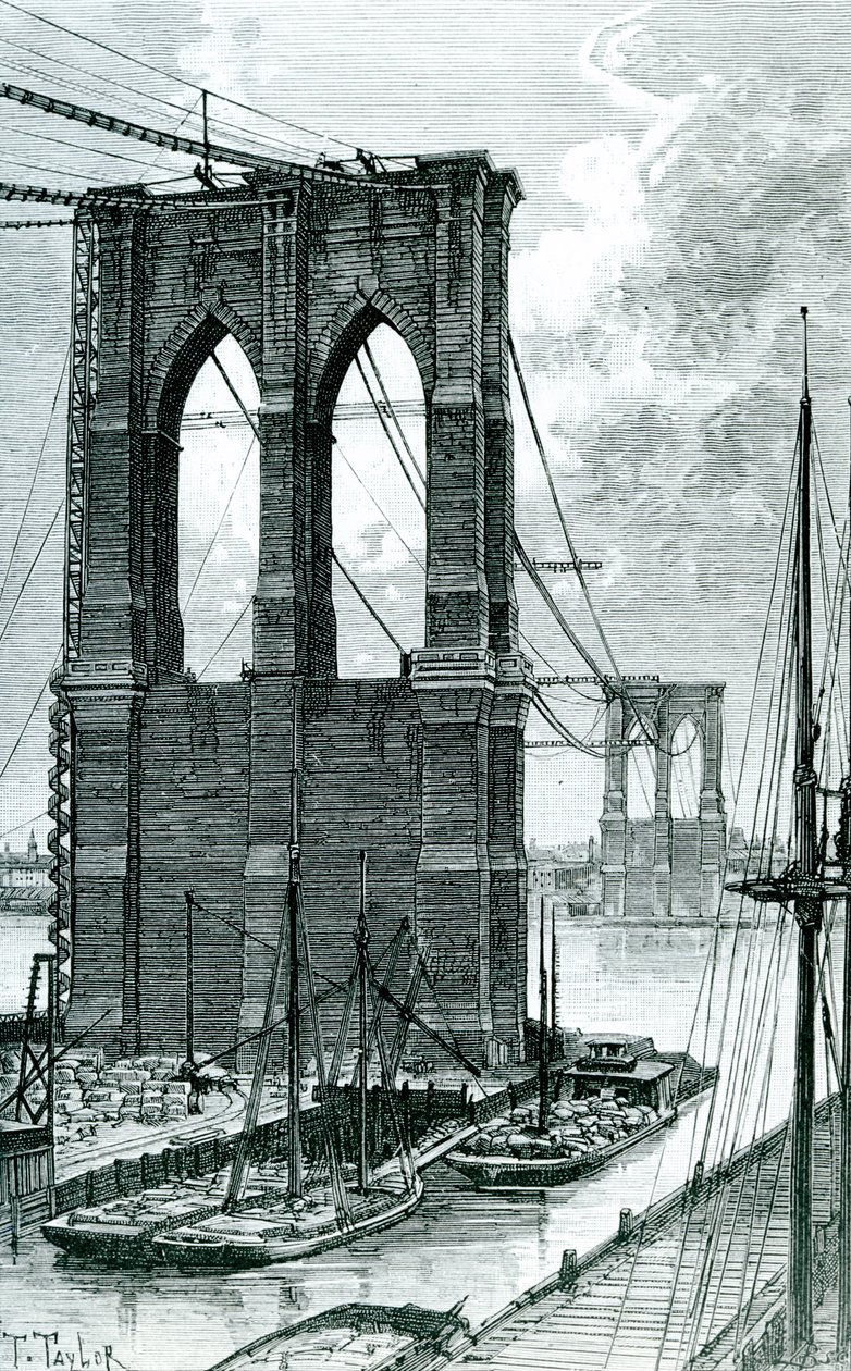 Brooklyn Bridge under Construction, tegnet etter et fotografi, 1878 av T. Taylor