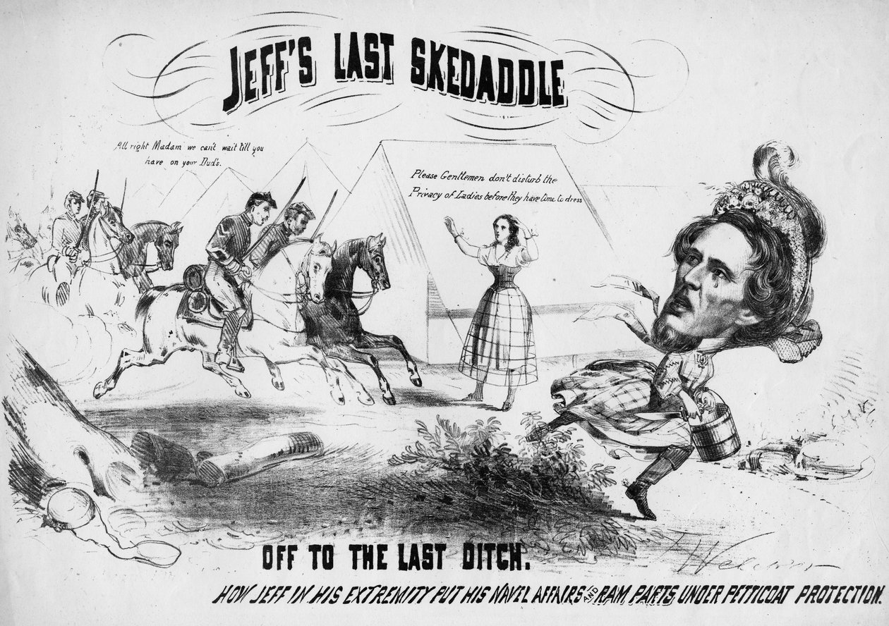 Over: Jeffs siste skedaddle, under: Av til den siste grøften: hvordan Jeff i ekstremiteten satte navlesakene og værdelene sine under underkjolebeskyttelse, ca. 1865 av T. Welcker