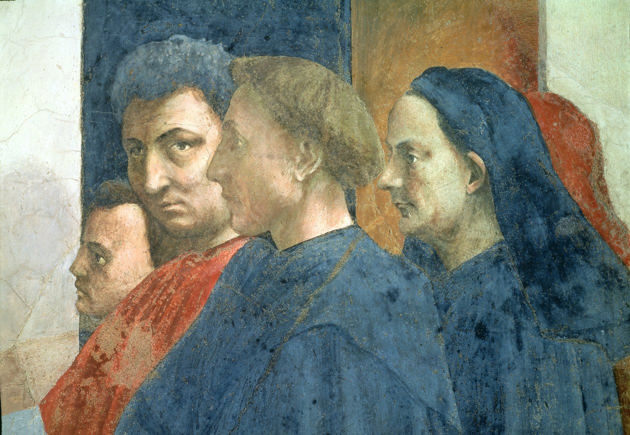 Oppdragelsen av sønnen til Theophilus, kongen av Antiokia, og St. Peter tronet som første biskop av Antiokia (detalj av ansikter helt til høyre på folkemengden) ca. 1427 og ca. 1480 (se også 63302) av Tommaso Masaccio