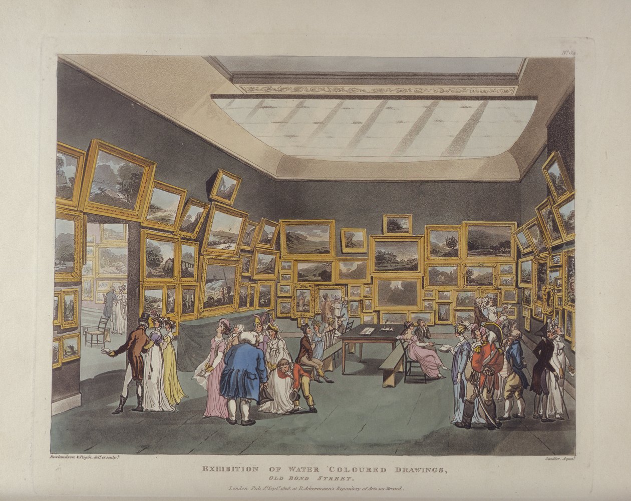 Utstilling av vannfargede tegninger, Old Bond Street, plate 34, fra Ackermanns Microcosm of London, eller London i miniatyr, utgitt av Rudolph Ackermann (1764-1834) gravert av Joseph Constantin av T. and Pugin Rowlandson