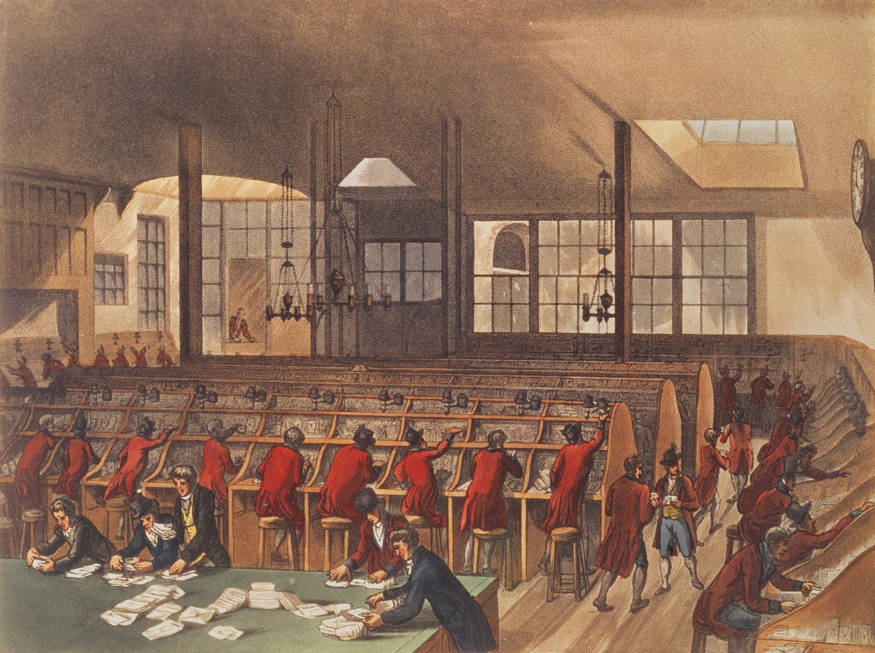 The Post Office, fra Ackermanns Microcosm of London, bind II, Pub. 1809 av T. and Pugin Rowlandson