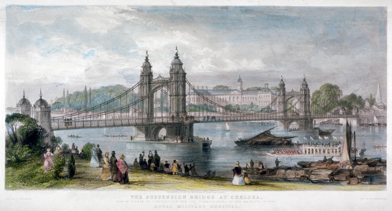 Utsikt over hengebroen i Chelsea, London, 1852. av TA Prior