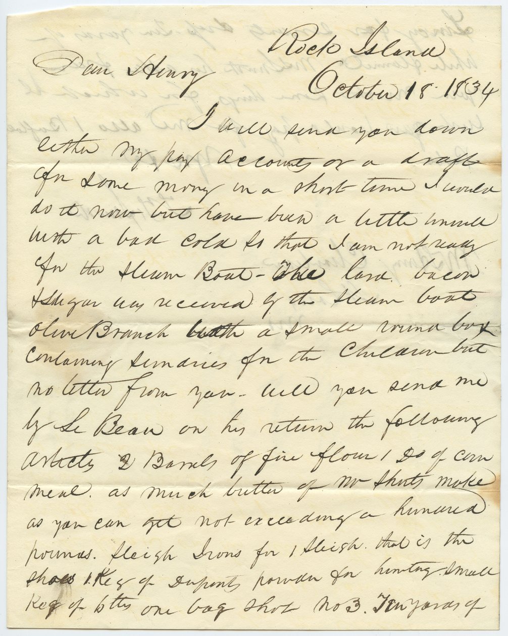 Brev signert T.F. Smith, Rock Island, til Henry Chouteau, St. Louis, Mo., 18. oktober 1834 av T.F. Smith