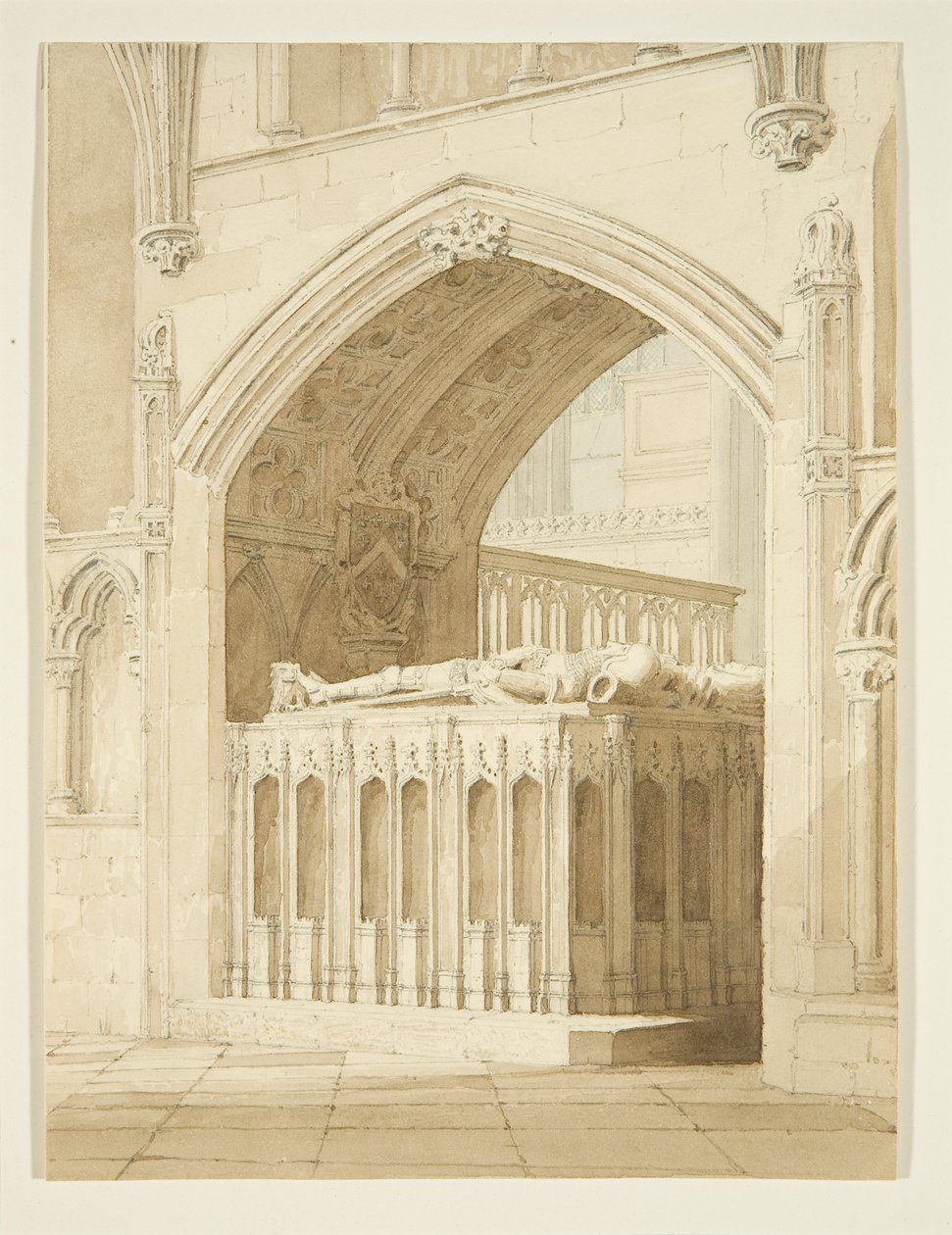 Tomb of Robert Fitzharding, død 1170, i Bristol Cathedral (blyant og akvarell på papir) av T.H. Clarke