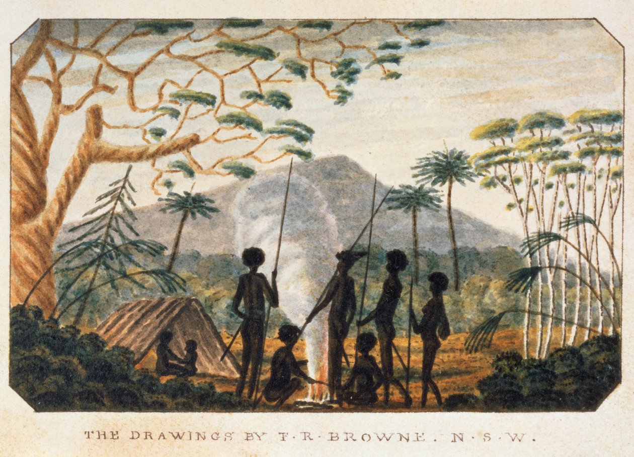 Gruppe av aboriginer rundt et bål, 1813 av T.R. Browne