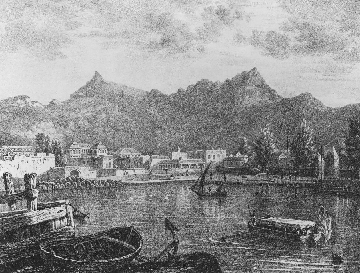 Port Louis, Mauritius, fra østsiden av havnen, ca. 1830 (litografi) av T. (after) Bradshaw