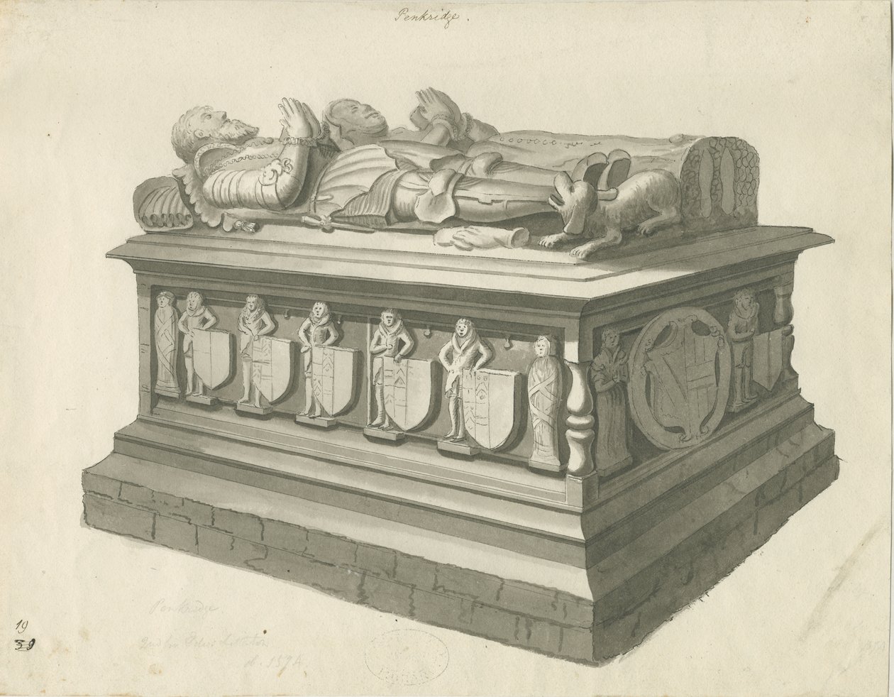 Penkridge Church - Tomb of [Sir Edward Littleton]: sepia-tegning, nd [sent 18th cent] (tegning) av T Carter