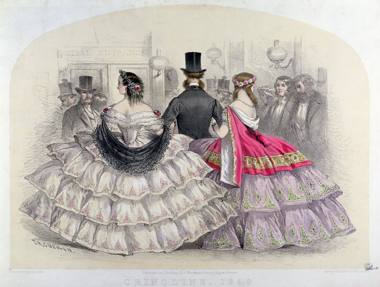 Damer som bærer crinolines ved Royal Italian Opera, Covent Garden, 1859 (fargegravering) av T. H. Guerin