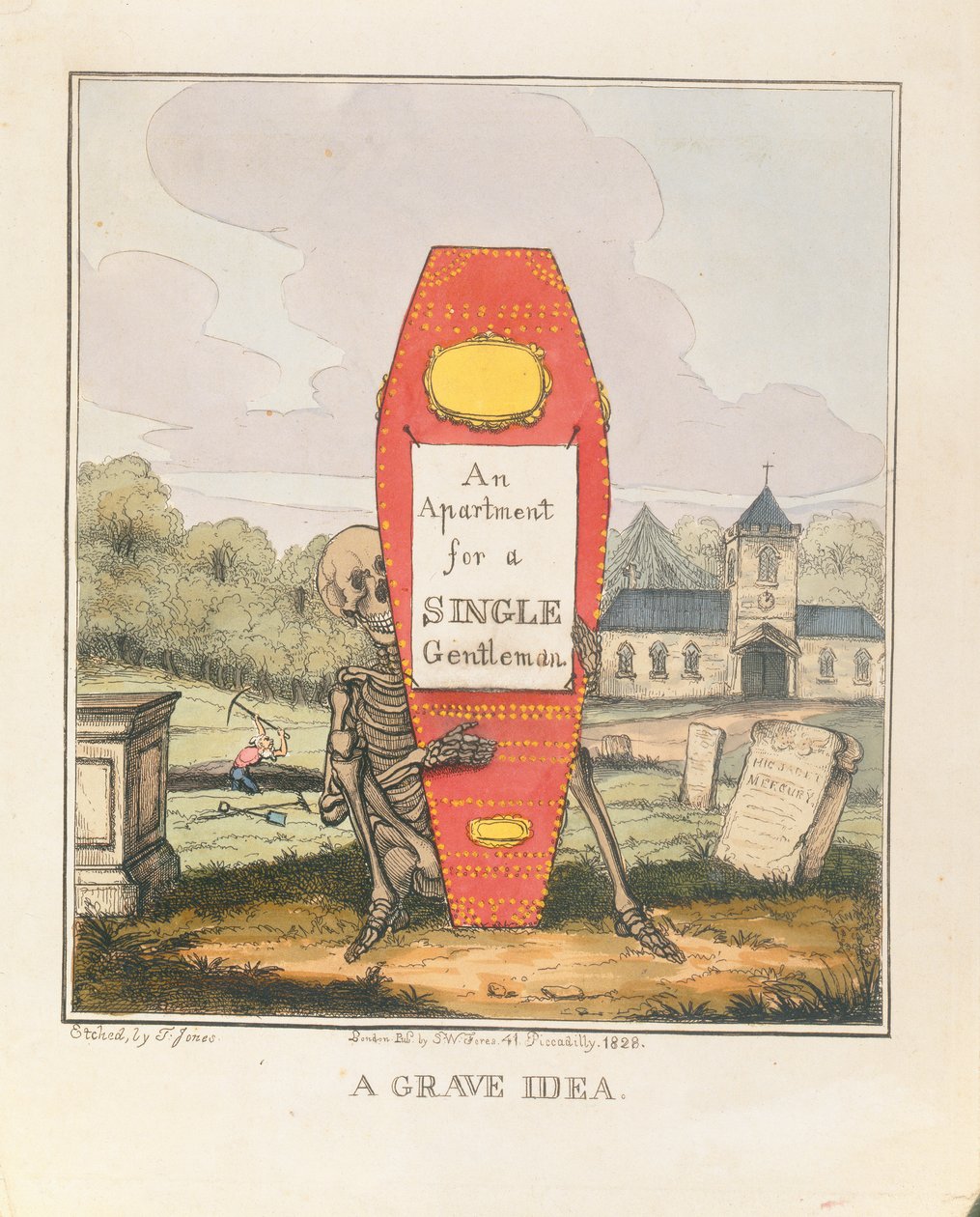 A Grave Idea: An Apartment for a Single Gentleman, pub. 1828 (fargegravering) av T. Hampson Jones