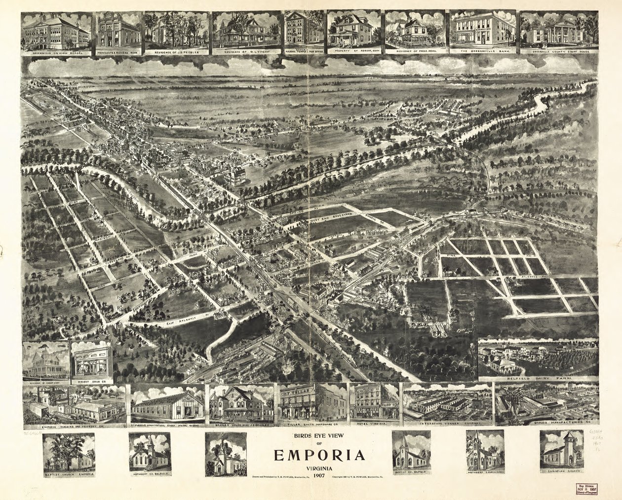 Fugleperspektiv av Emporia, Virginia 1907. av T. M. Fowler