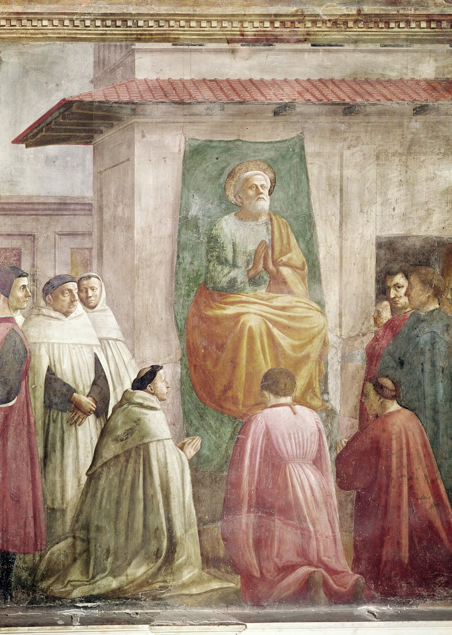 St. Peter på tronen, fra oppdragelsen av Theophilus sønn, og St. Peter tronet som første biskop av Antiokia, ca. 1427 og ca. 1484-85 (detalj av 63302) av Tommaso Masaccio