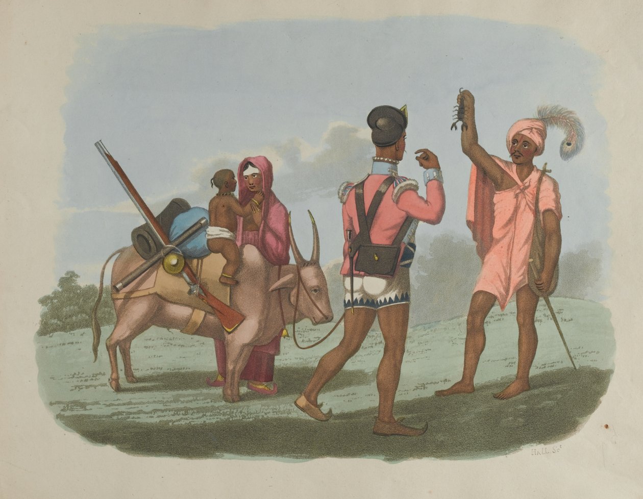 En Bengal Sepoy og hans familie møter en av Byraggee-kastene, 1799 ca. av T. Medland