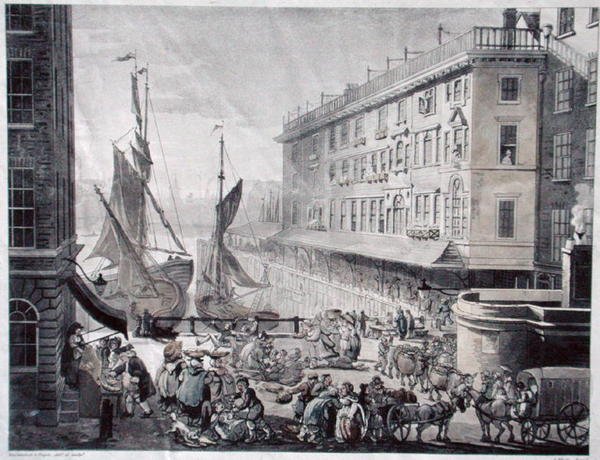 Billingsgate Market, gravert av J. Bluck (fl.1791-1819) (akvatint) av T. and Pugin A.C. (after) Rowlandson