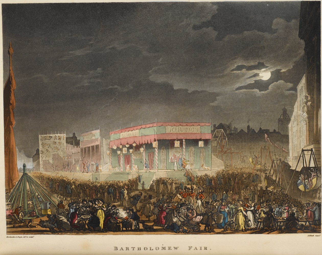Bartholomew-messen. Først holdt i 1813, var det en årlig begivenhet, hver august i nærheten av Smithfield og var Londons lengste kjørende gateteater. av T. & Pugin A.C. (1762 1832) (after) Rowlandson