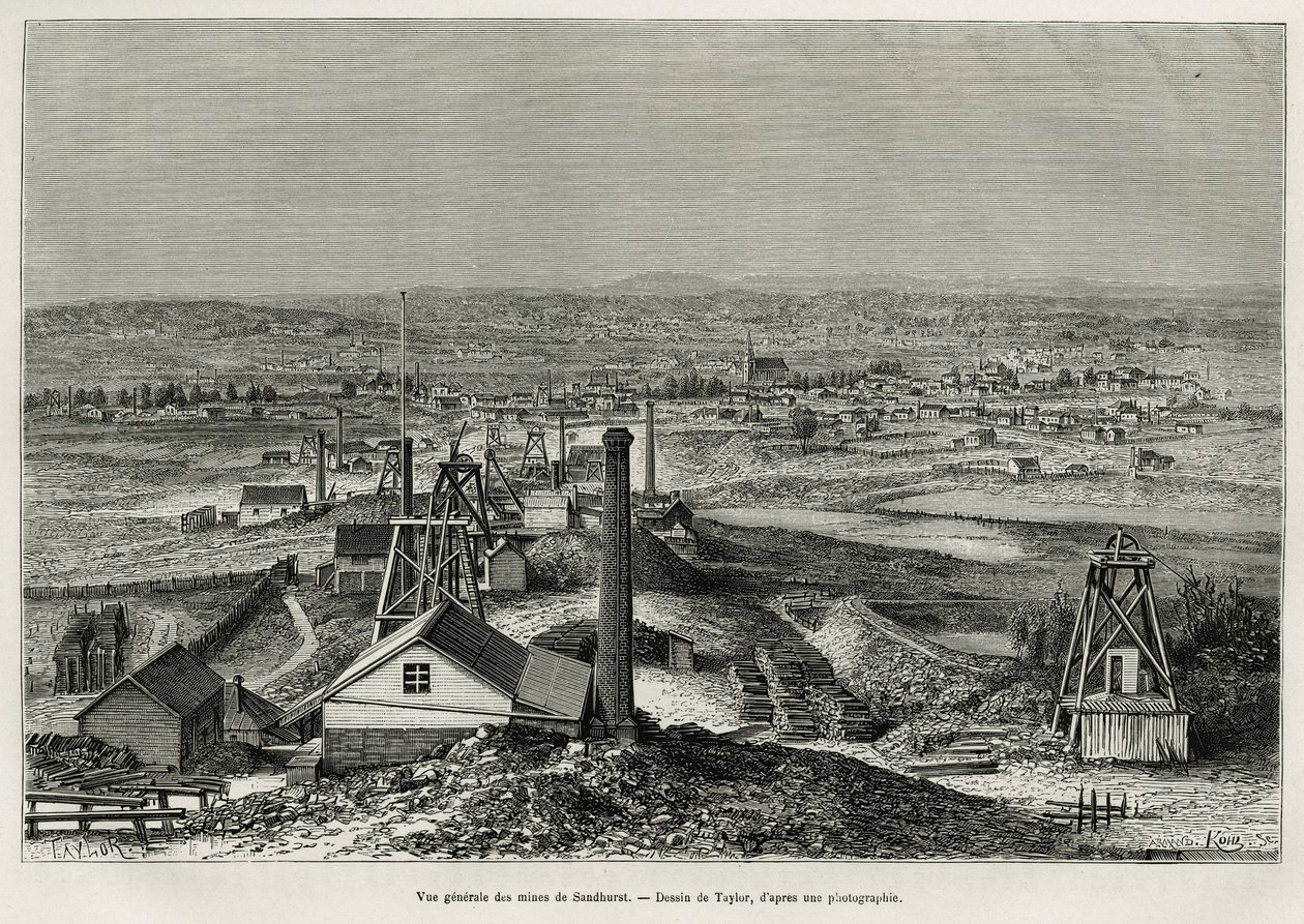 Generell oversikt over Sandhursts gruver, gravering etter en tegning av Taylor, for å illustrere historien seks måneder i Australia, av Desire Charnay, oppdrag fra Ministry of Public Education, i 1878, publisert i tour du monde, under ledelse av T Taylor