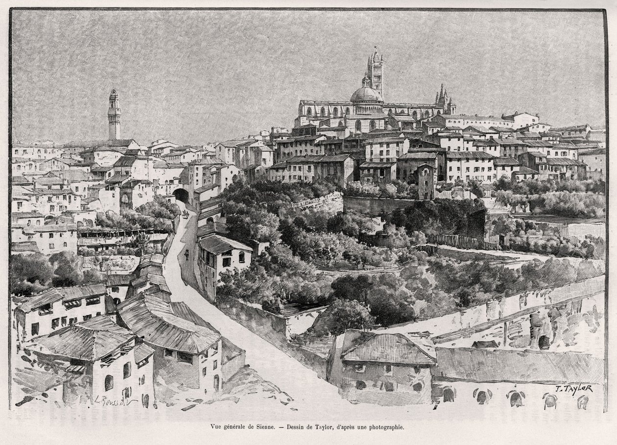 Generell utsikt over Siena (Italia). Gravering av Taylor for å illustrere historien "" A travers la Tuscane"" av Eugene Muntz (1845-1902), i Le tour du Monde 1892, regissert av Edouard Charton (1807-1891), Hachette, Paris. av T Taylor