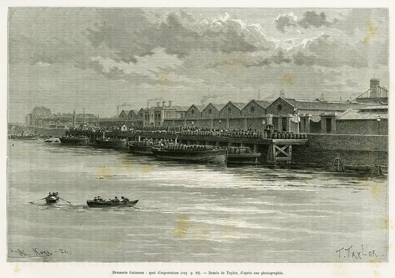 Guinness bryggeri, eksportbrygge. Gravering av Taylor, for å illustrere historien Trois mois en Irlande, i 1889, av Marie Anne de Bovet, i le tour du monde 1890, regissert av Edouard Charton (1807-1890), Hachette, Paris. av T Taylor