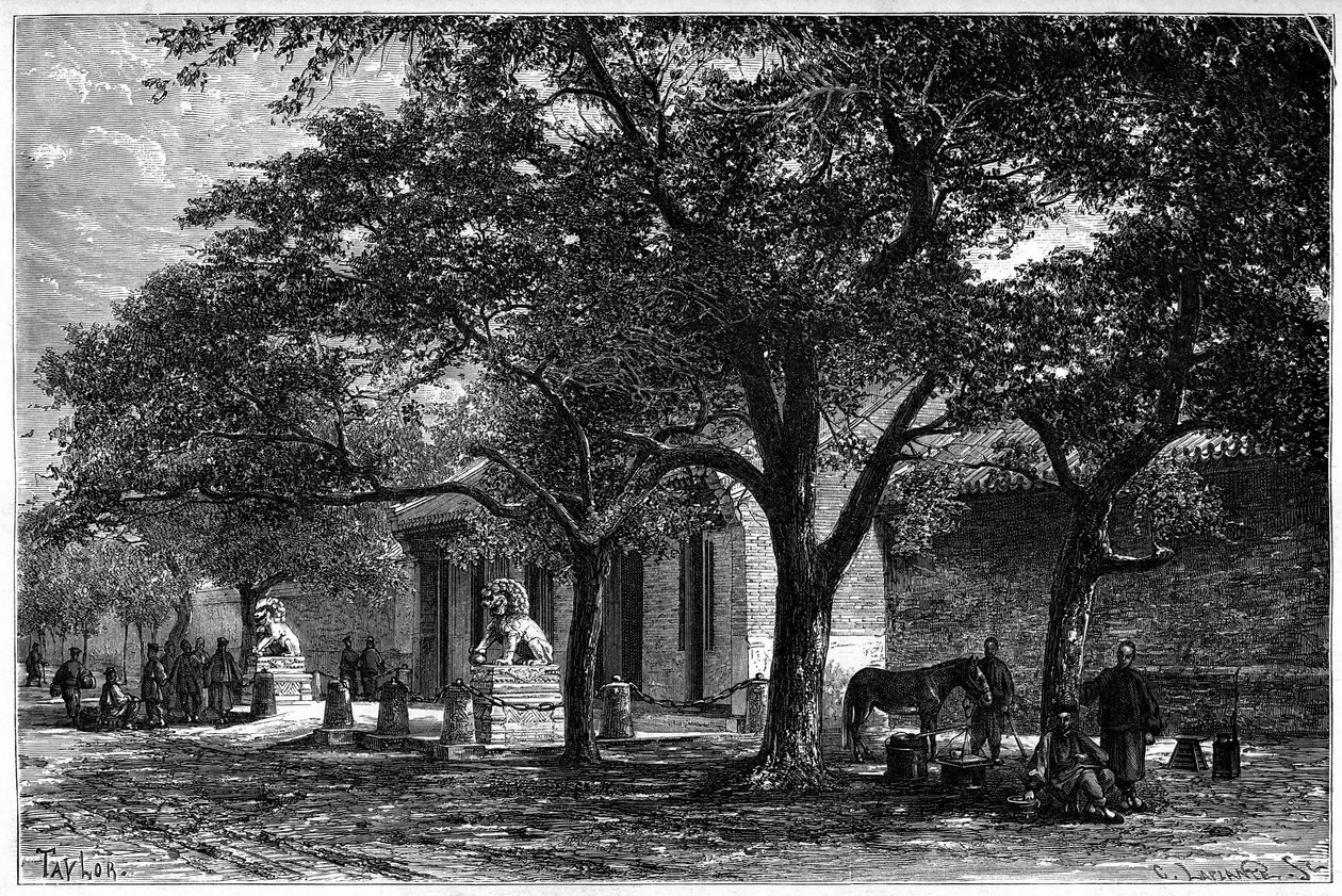 Legation of France gikk inn i Pekin (Beijing) på 1800-tallet. Gravering fra en tegning av Taylor, fra et fotografi av Dr. Morache, i "" Le Tour du Monde, Nouveau journal des Voyages", redigert av Edouard Charton, Paris av T Taylor