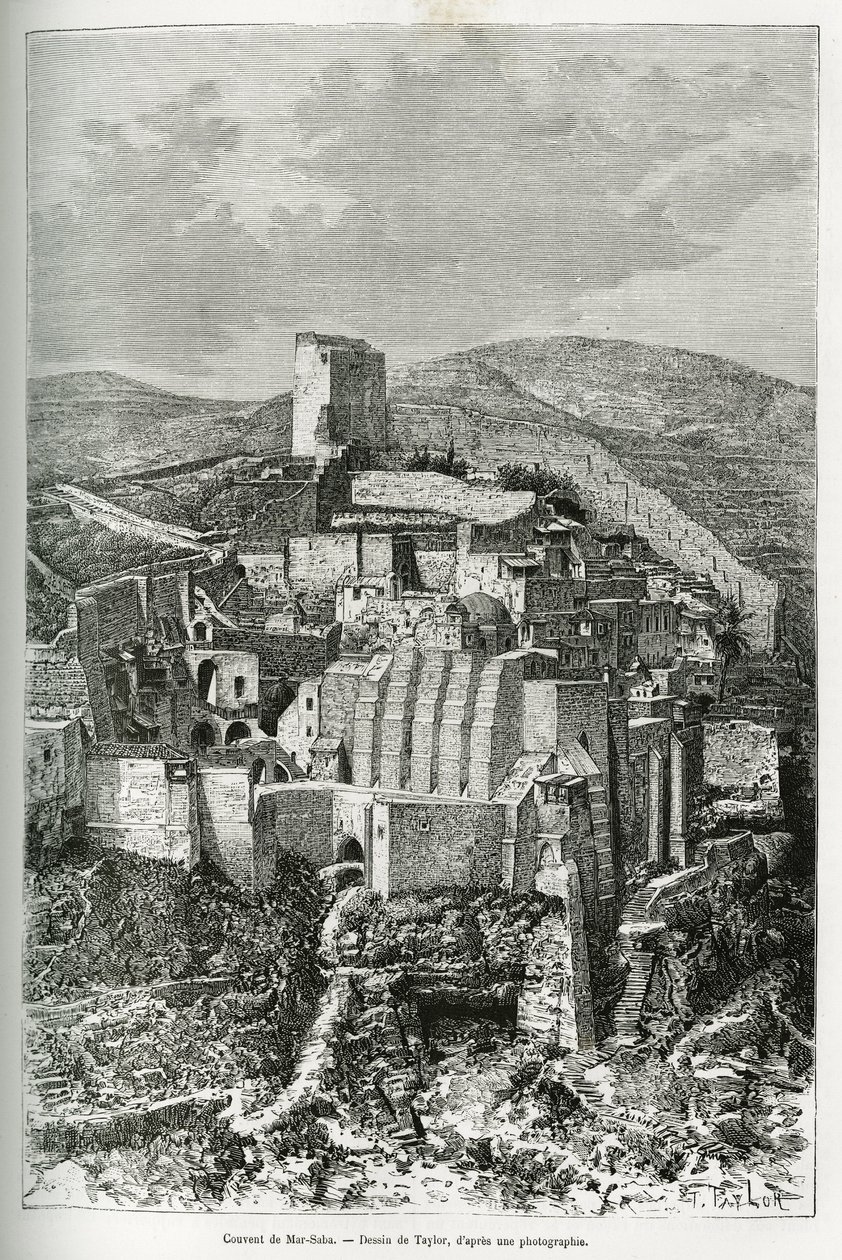 Klosteret Mar-Saba (Mar Saba) (Palestina). Taylors gravering, for å illustrere historien om dagens Syria, av M. Lortet, dekan ved Det medisinske fakultet i Lyon, ansvarlig for et vitenskapelig oppdrag fra departementet for offentlig utdanning, publisert i  av T Taylor