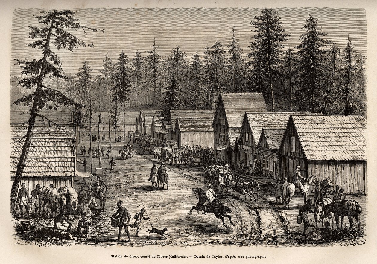 Stasjonen til Cisco, Count of Placer (Nevada), hvor man kan ta ekspresstoget til Pacific Railway (Pacific Railway), gravert etter Taylors tegning, som illustrerer reisen fra Washington til San Francisco i 1868, av L. Simonin, publisert i "L av T Taylor