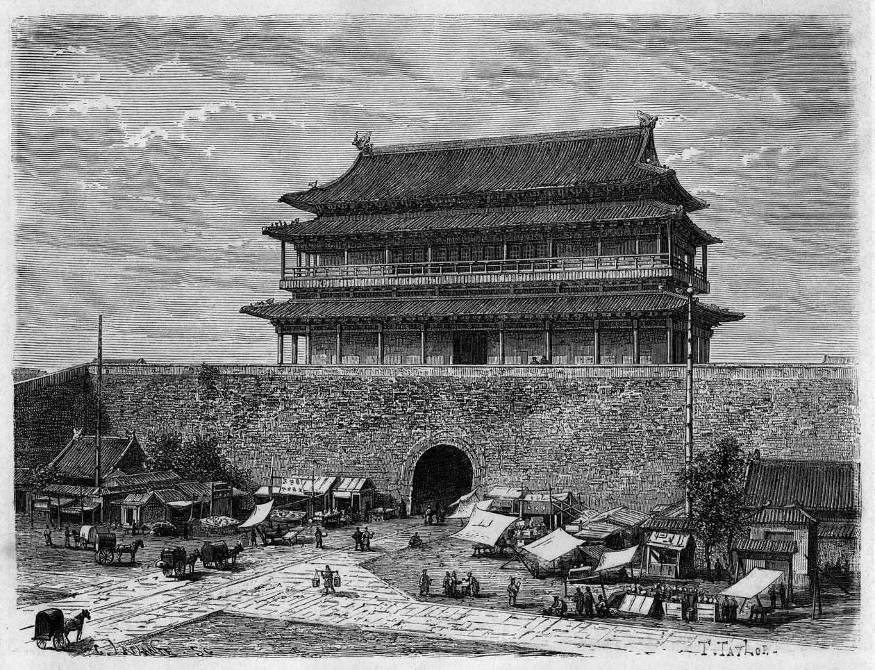 Tian'anmen, Porte de la Purete Celeste i Pekin (Beijing) på 1800-tallet. Gravering fra en tegning av Taylor, fra et fotografi av Dr. Morache, i "" Le Tour du Monde, Nouveau journal des Voyages", redigert av Edouard Charton, Paris av T Taylor