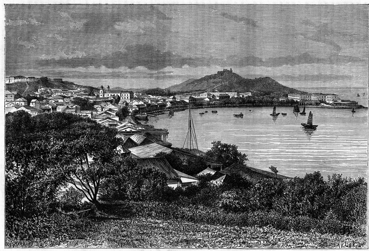 Utsikt over Macau Bay. Gravering etter en tegning av Taylor, i "Le Tour du Monde, Nouveau journal des Voyages", redigert av Edouard Charton, Paris av T Taylor