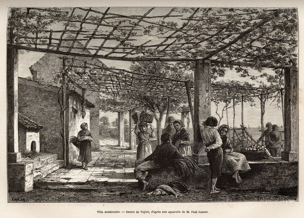 Villa Menton, gravering etter Taylors tegning, som illustrerer reisen til Menton og Bordhighera, i 1871, av Adolphe Joanne, publisert i "Le tour du monde"" 1874, redigert av Edouard Charton, Hachette-utgaven, Paris. Selva samling. av T Taylor