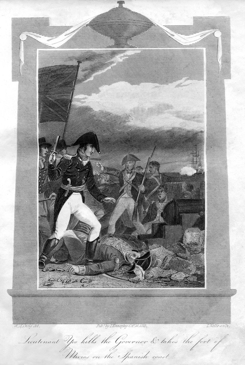 Løytnant Yeo dreper guvernøren og inntar fortet Muros på den spanske kysten, 1816 av T. Wallis