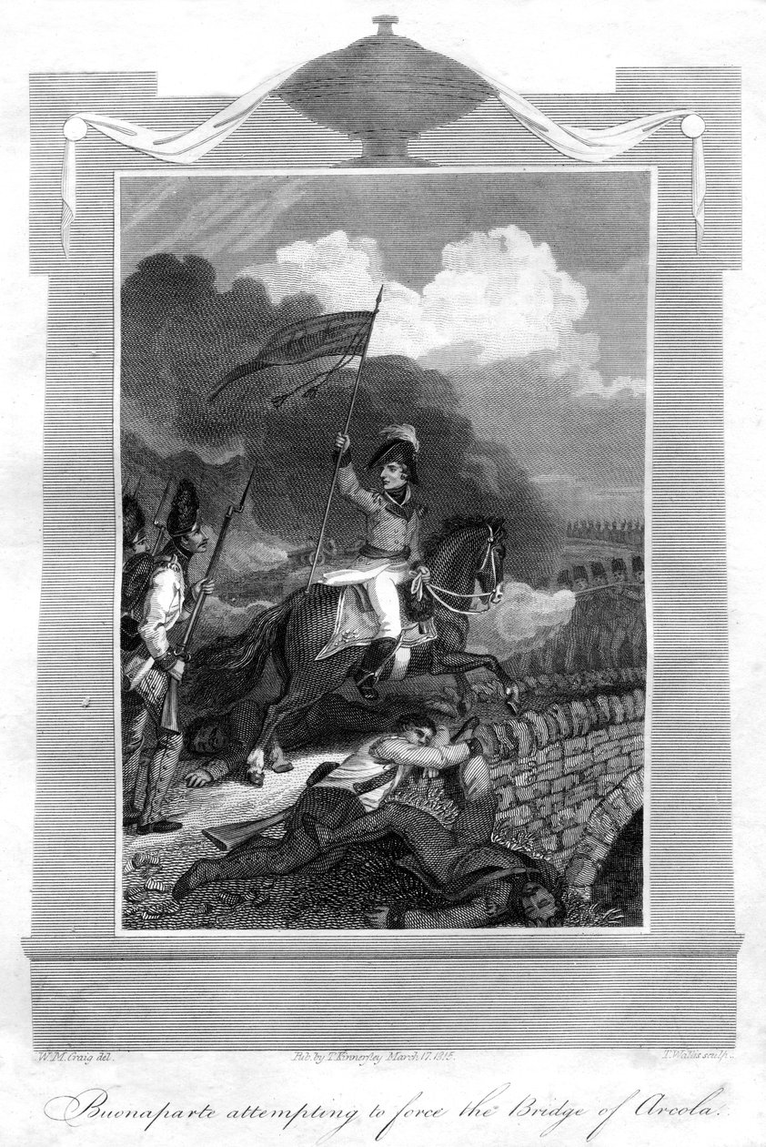 Napoleon Bonaparte forsøkte å tvinge broen til Arcola, 1816. av T. Wallis