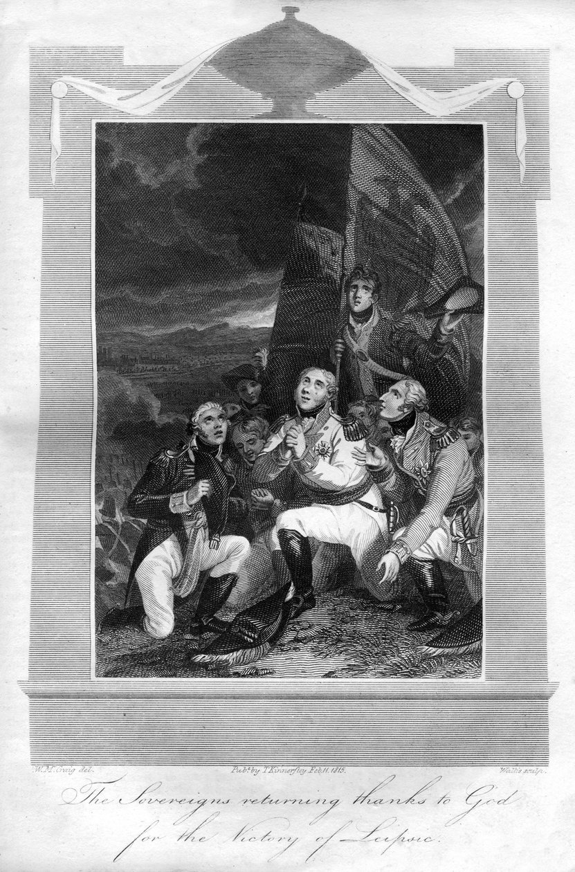 Suverenene vender tilbake takket være Gud for seieren til Leipzig, 1816. av T. Wallis