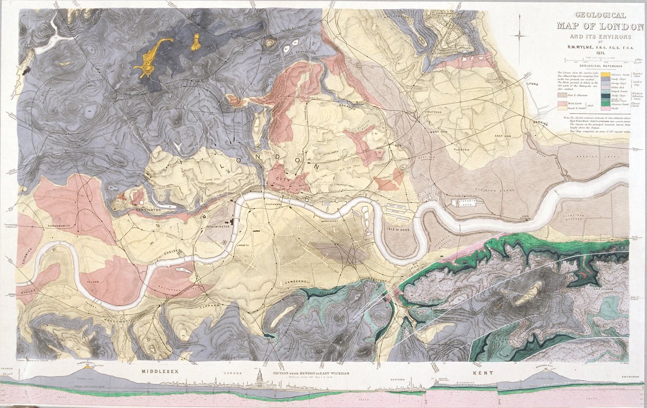 Geologisk kart over London og området rundt, 1871 av T Walsh