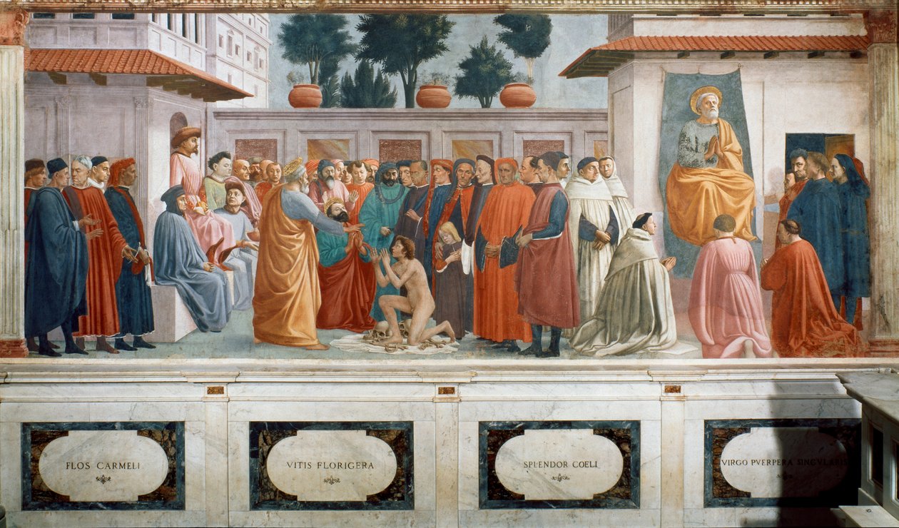 Oppdragelsen av sønnen til Theophilus, kongen av Antiokia, og St. Peter tronet som første biskop av Antiokia, ca. 1427 og ca. 1480 (fresco) av T. Masaccio, F. Lippi