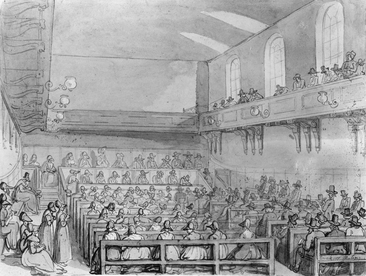 Kvekere samles i et møtehus i London av T. and Pugin A.C. Rowlandson