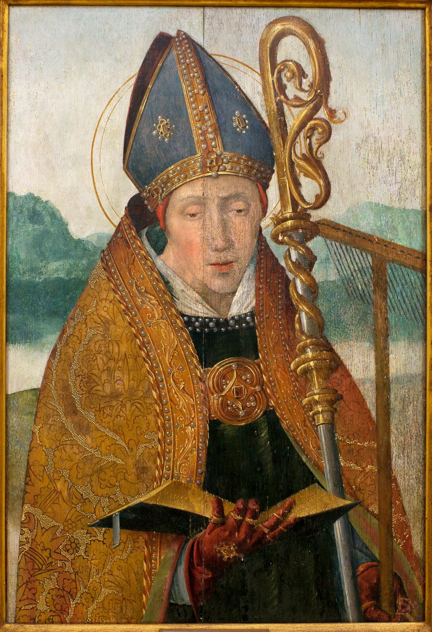 Saint Blaise - Maleri fra verkstedet til bror Carlos (flamsk maler aktiv mellom 1517 og 1544), olje på tre, cirka 1530 (St Blaise, av verkstedet til Friar Carlos (aktiv mellom 1517-1544), olje på panel, cirka 1530 ) - Musee d