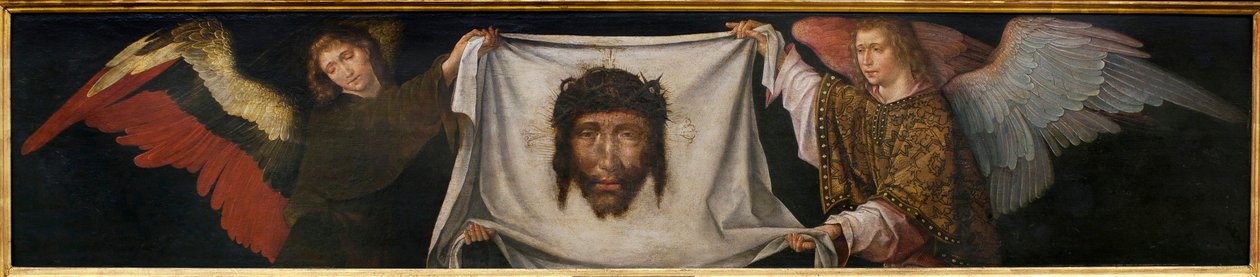 Engler som bærer det hellige likkledet - Maleri fra verkstedet til Frere Carlos (flamsk maler aktiv mellom 1517-1544), olje på tre, ca. 1520-1530 (Engler med det hellige ansikt, av verkstedet til Friar Carlos, olje på panel, ca. 1520-1530) - Musee d