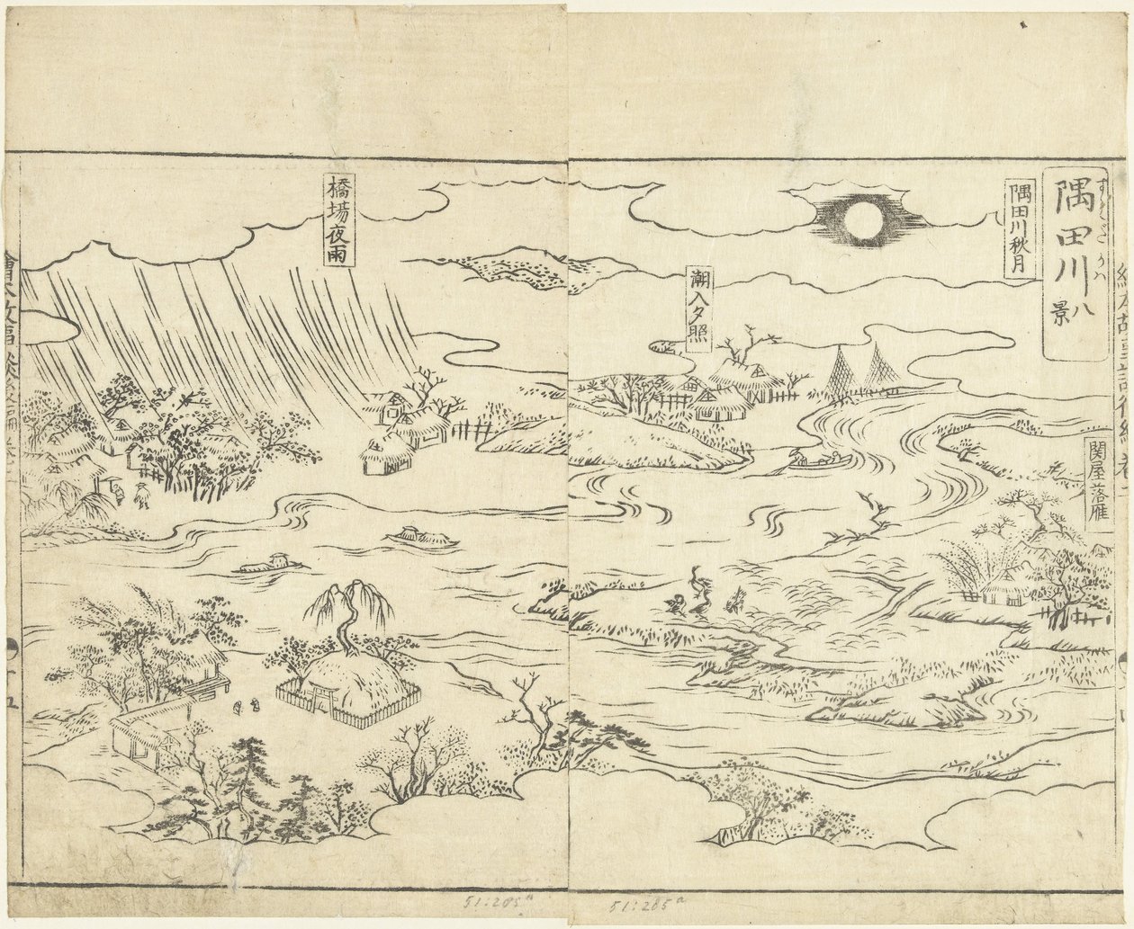 Åtte utsikt over elven Sumida Sumidagawa hakkei (tittel på objekt) Ehon kojidan (serietittel på objekt) av Tachibana Morikuni