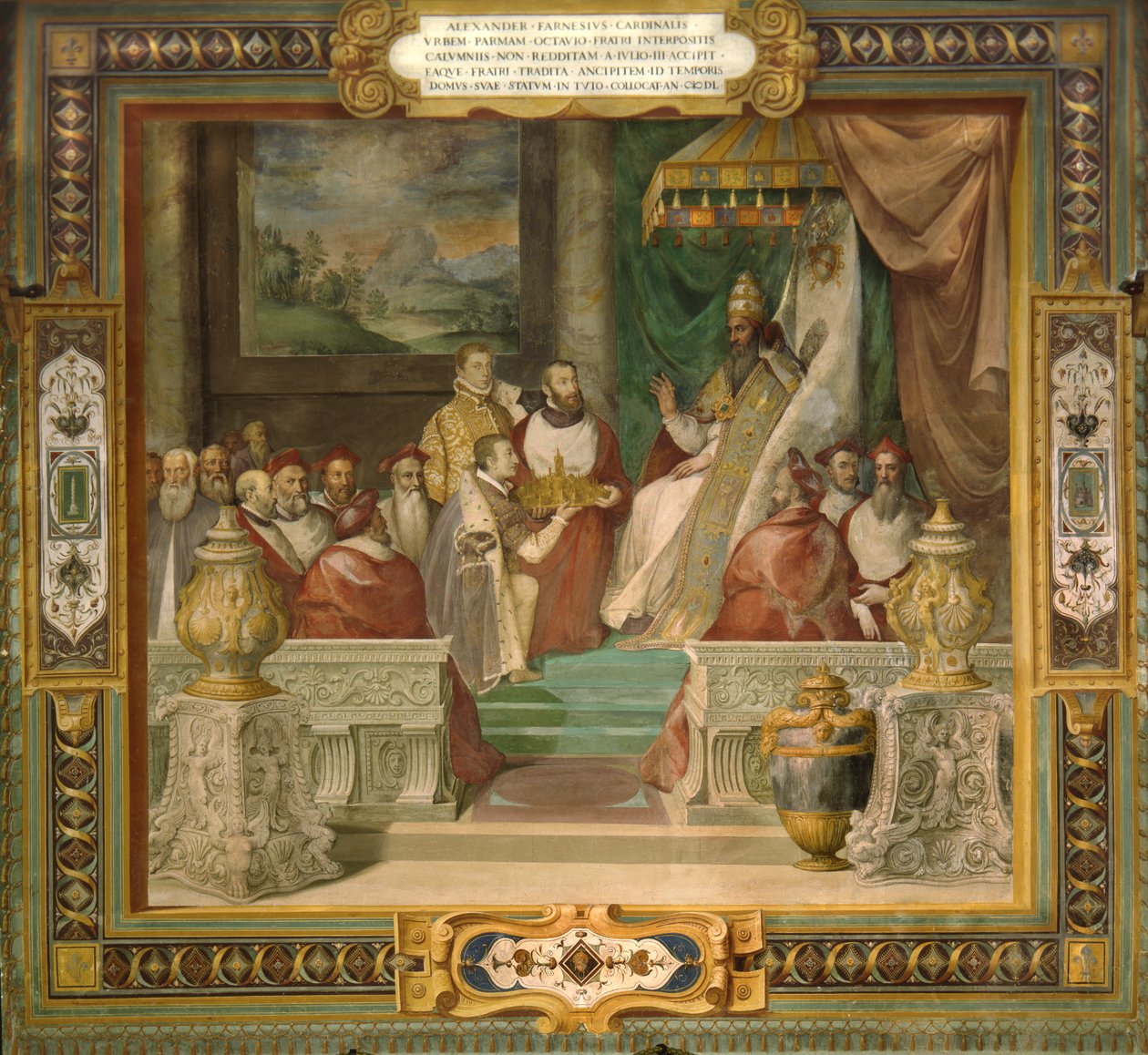 Alessandro og Ottavio Farnese presenterer en modell av byen Piacenza for pave Julius III av Taddeo Zuccari