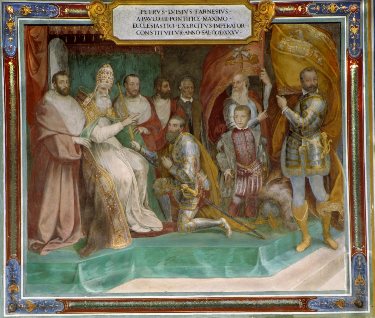 Pier Luigi Farnese utnevnt til kommandør for den pavelige hæren av sin far pave Paul III av Taddeo Zuccari