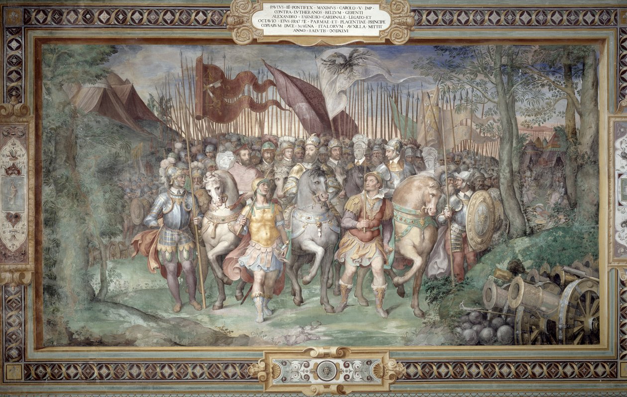 Charles V (1500-58) Alessandro (1546-92) og Ottaviano Farnese ledet hæren mot landgraven Phillip av Hessen i 1546 fra 'Sala dei Fasti Farnese' (Hall of the Splendors of the Farnese) av Taddeo Zuccari