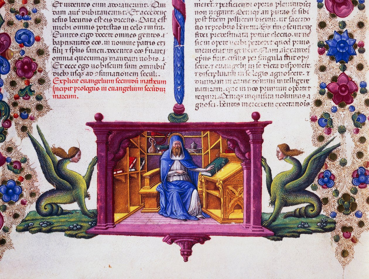 Grensefrise ved foten av siden med St. Matteus evangelisten, bind II f 148, v, Bibelen til Borso d'Este, Taddeo Crivelli (1425-1479) og assistenter, latinsk manuskript av Taddeo Crivelli