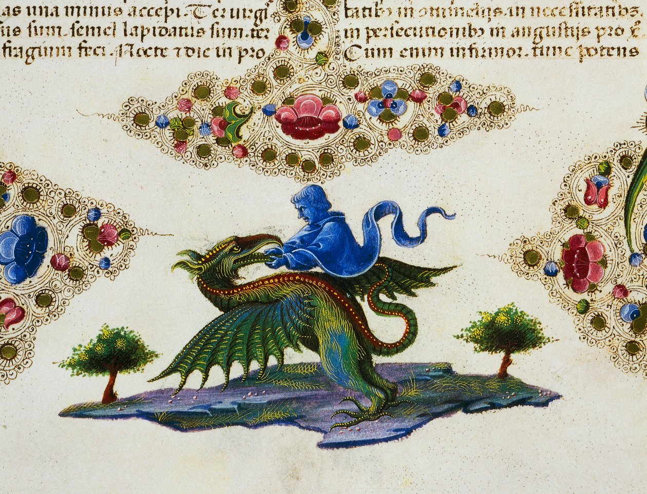 Grensefrise ved foten av siden med genifigur og bevinget monster, bind II f 198, v, Bibelen til Borso d