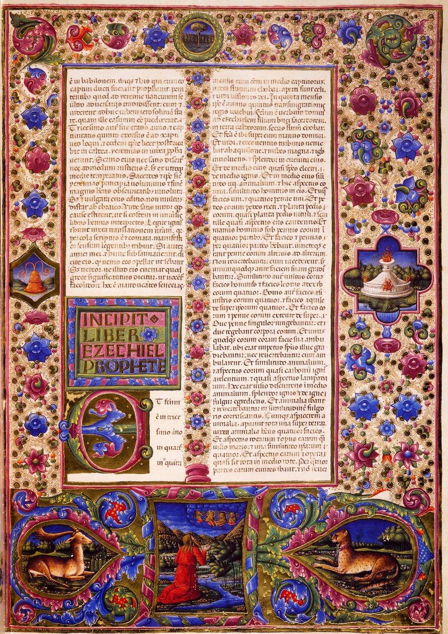 Incipit fra Esekiels bok, fra bind II av Bibelen til Borso d'Este, opplyst av Taddeo Crivelli (1425-1479) og andre, latinsk manuskript 422-423, folio 56, recto, pergament av Taddeo Crivelli
